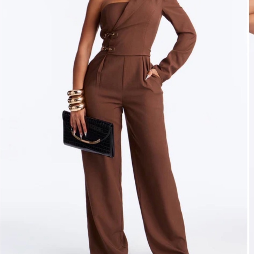 Chic One-Shoulder Brown Jumpsuit